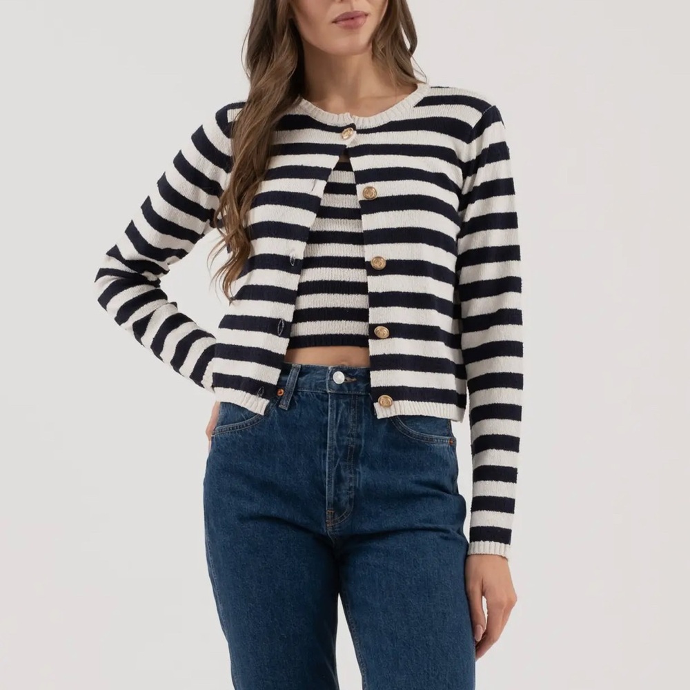 NWT The Workshop Studio Navy/White Stripe Button Down Cardigan Sweater